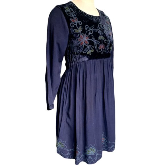 Sacred Threads BOHO Floral Embroidered & Velvet Dress One Size Blue #20C - Picture 3 of 8